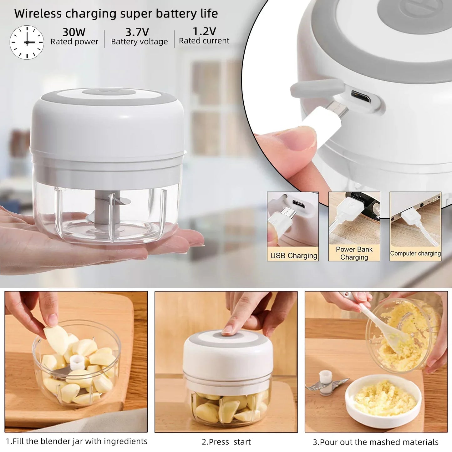Electric Garlic Crusher Vegetable Cutter Chili Masher Durable Garlic Chopper USB Charging Kitchen